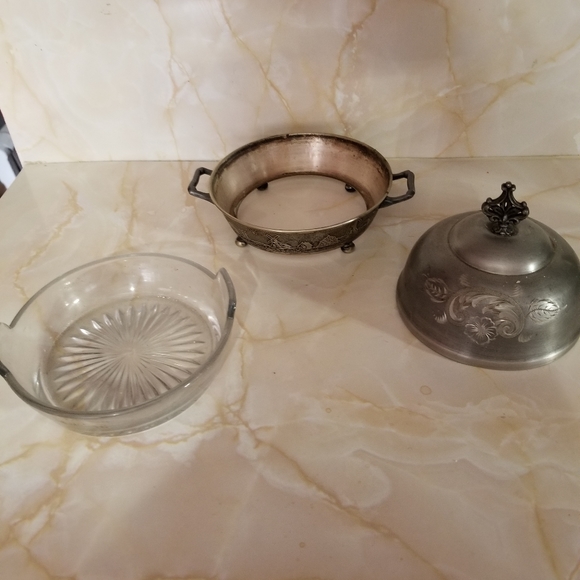 VINTAGE 3 PIECE BUTTER DISH W WINDMILL FARM DECO BASE, GLASS DISH, FLORAL DOME - Picture 2 of 8